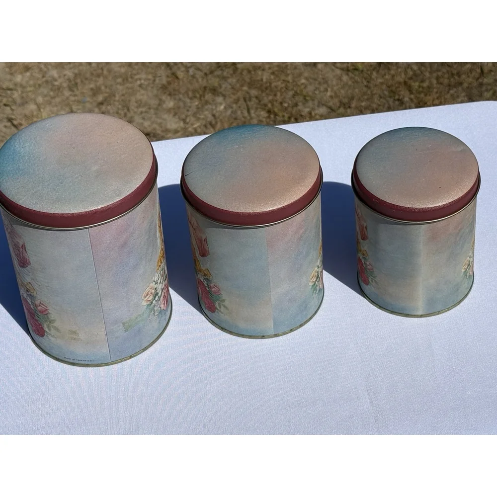 Vintage Metal Round 3 Tin Canister Victorian Women Girl Pink Floral Bonnet